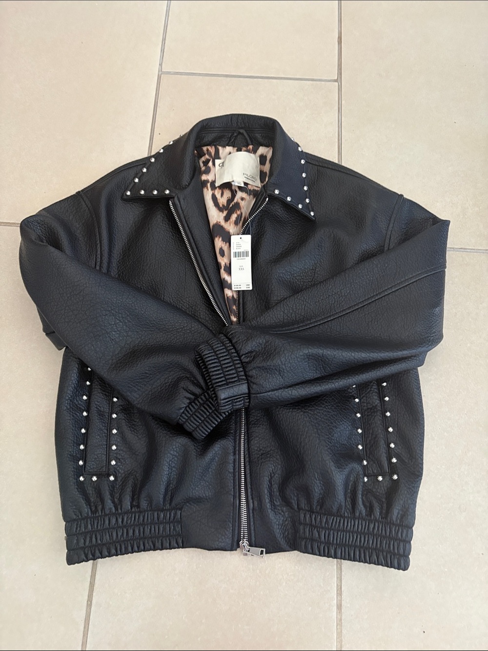 NWT Anthropologie Pilcro Rylie Studded Faux Leather Bomber Jacket Black XXS